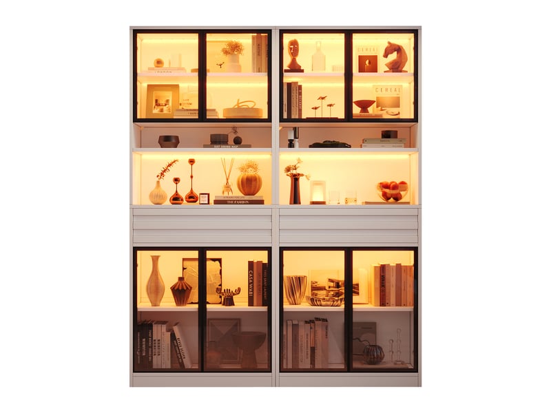  Vitrine blanche mdf 160x35x200 cm, meuble de rangement salon avec 8 portes verre et 2 tiroirs pour collections  - Conforama A