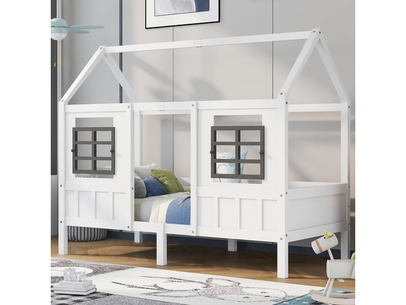 Lit cabane enfant 90x200cm - blanc pin 2 fenêtres grises - lit enfant - design maison barrière sécurité - sommier inclus  - Conforama B