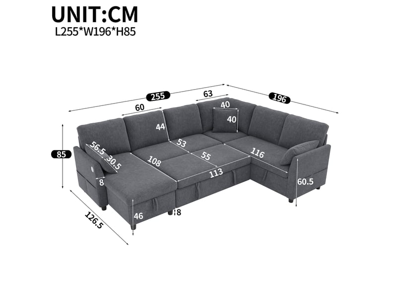  Canapé d'angle convertible 6 places réversible avec rangements, usb type c, poches et 3 coussins en polyester gris  - Conforama C