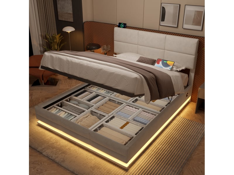  Lit coffre adulte 180x200 cm avec éclairage led et ports usb type-c, en velours beige, sans matelas  - Conforama W