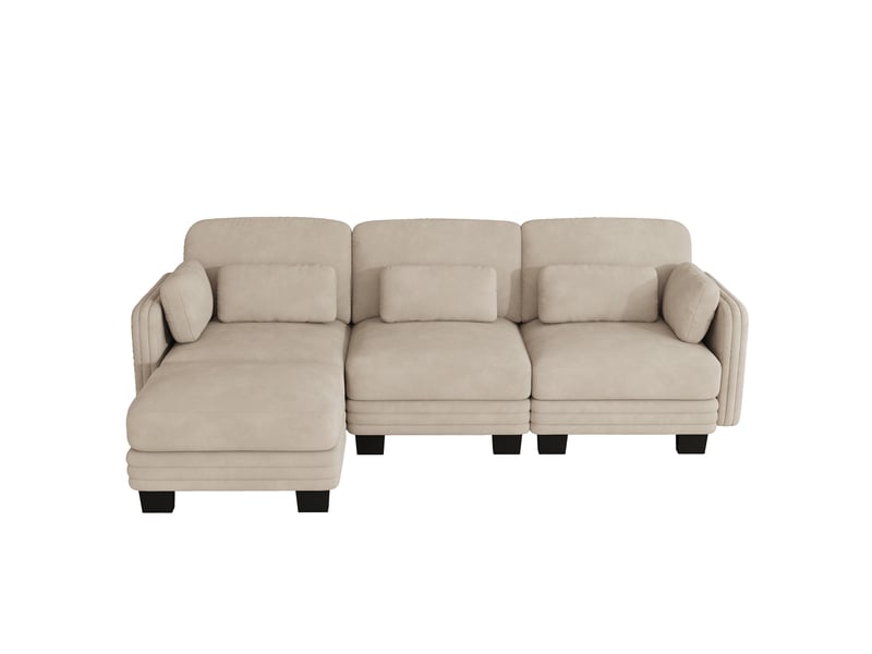  Canapé d'angle modulable - 3 places - forme l - 1 ottoman - coussins d'accoudoirs - assise profonde - tissu chenille - brun clair CozyNest - Conforama A