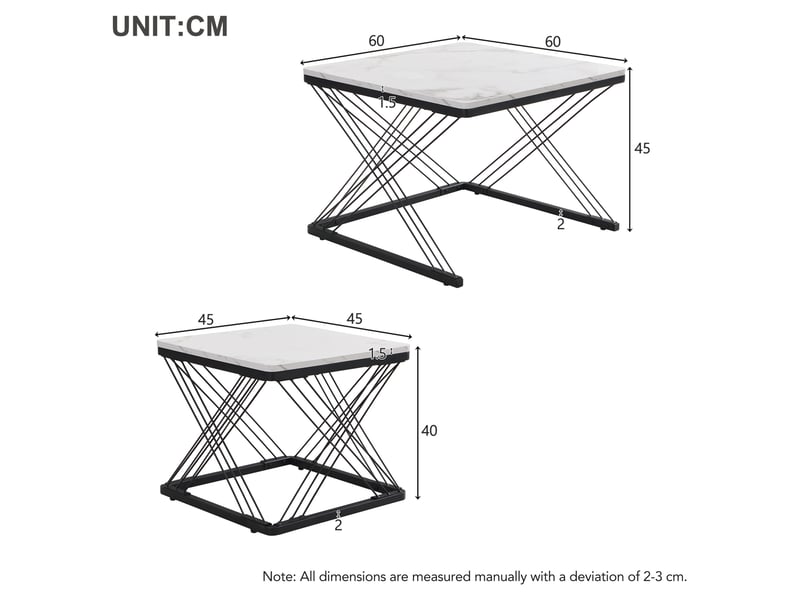  Table basse 2 pièces carrée 60x60x45+45x45x40cm effet marbre(matériau non marbré)pieds réglables mdf noir et blanc  - Conforama C
