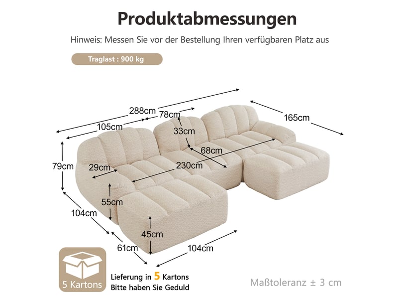  Canapé modulable ulevr 3 places en u avec 2 ottomans, sans cadre, mousse haute densité 32d, tissu bouclette beige blanc, 288 x 165 cm  - Conforama C
