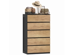 Commode en bois à 5 tiroirs avec poignées rainurées, 60 x 39 x 100 cm, noir et chêne