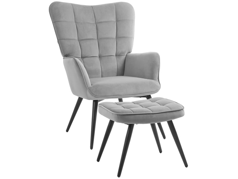  Fauteuil à oreilles avec repose-pieds en aspect velours gris clair  - Conforama A