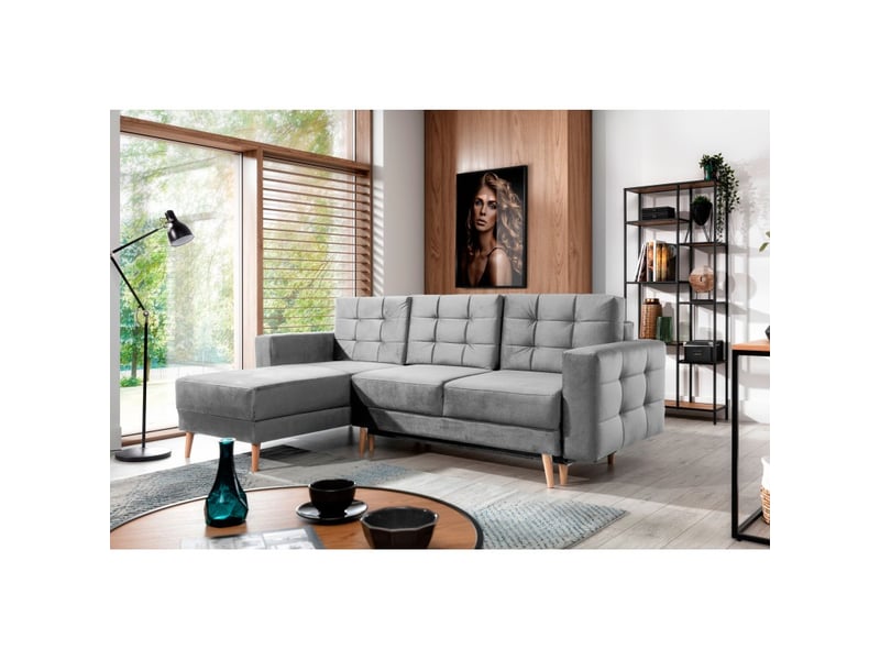 Canapé d'angle convertible hasgard 3 places gris 248x162 cm – coffre et pieds bois - Conforama B