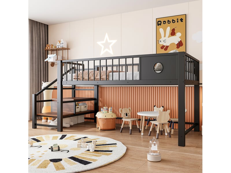  Modenvie lit mezzanine bas enfant 90x200 cm - structure métallique, avec échelle de rangement, sans matelas - noir  - Conforama E