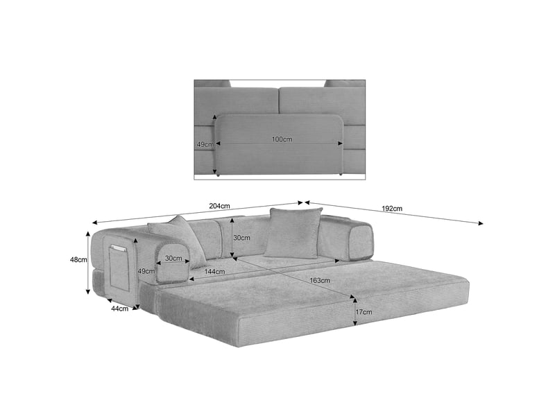  Canapé convertible modenvie 3 places en velours côtelé beige avec 2 coussins 204 x 192 x 48 cm  - Conforama C