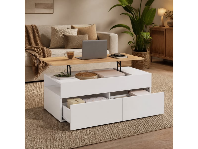  Table basse relevable 100x50x40 cm avec 2 tiroirs en panneaux de particules blanc  - Conforama B