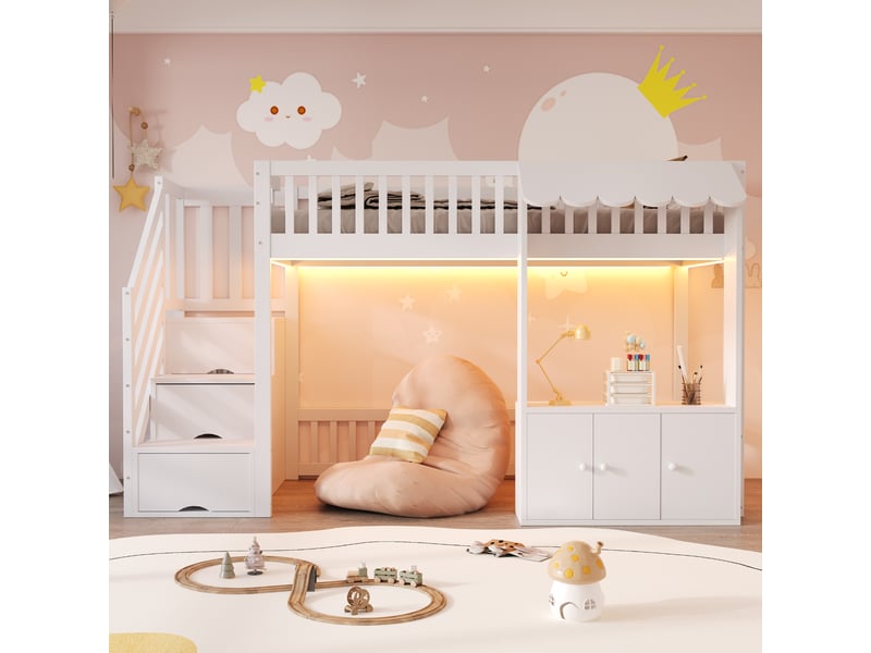  Lit mezzanine en bois 90×200 cm blanc pour enfant avec armoire, échelle de rangement, led et sommier  - Conforama C