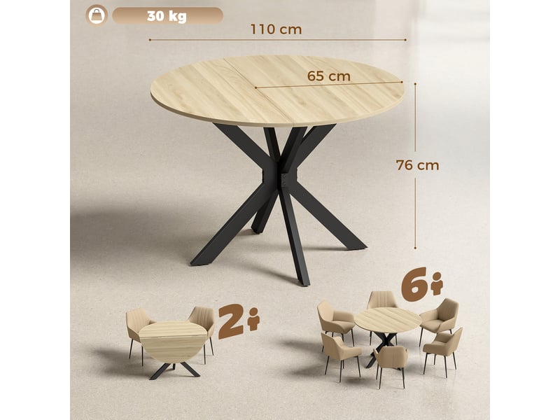  Table de cuisine ronde pliante pour 2 à 6 personnes avec rallonge rabattable, double structure en acier, ø 110 x 76 cm, couleur naturelle  - Conforama E