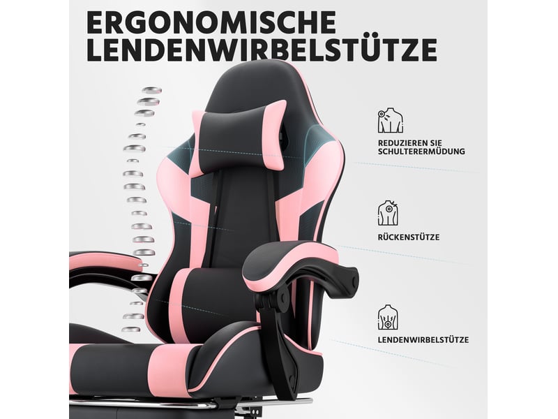  Fauteuil gaming noir et rose en pvc avec repose-pieds réglable  - Conforama E