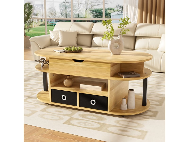  Table basse 105x50x45-60 cm relevable, coffre et 2 tiroirs en tissu, plateau ovale, panneaux de particules, bois et noir ABC - Conforama B