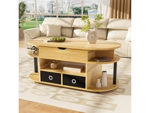 Table basse 105x50x45-60 cm relevable, coffre et 2 tiroirs en tissu, plateau ovale, panneaux de particules, bois et noir