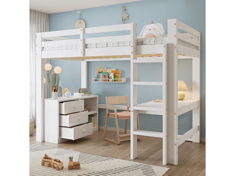  Lit mezzanine enfant 90 × 200 cm avec bureau, commode et étagère, blanc IKSETERA TRADING LTD - Conforama B