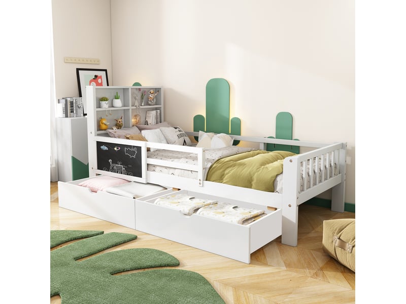  Modenvie lit enfant 90x200 cm - avec tiroirs de rangement et petite ardoise, sans matelas - blanc  - Conforama B