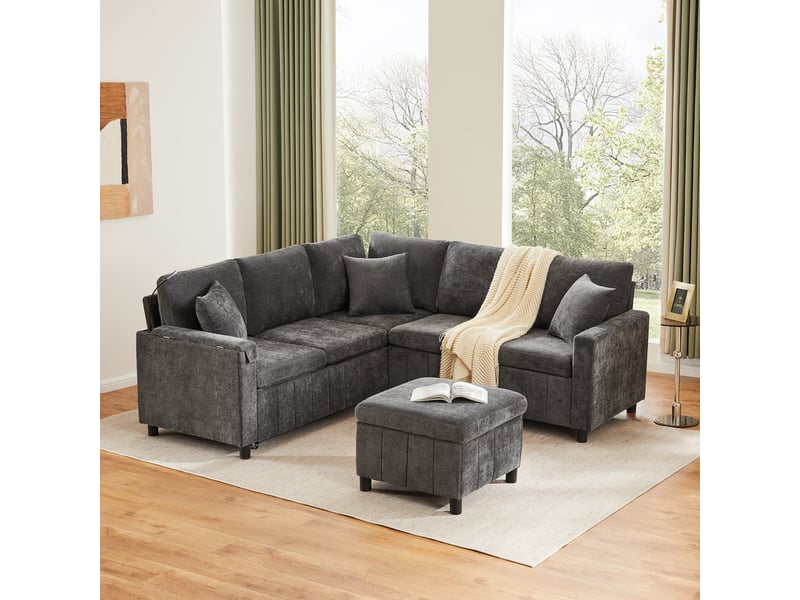  Canapé d'angle, canapé convertible – en chenille, port usb, 205×205×85cm, avec pouf, porte-gobelets, gris  - Conforama W