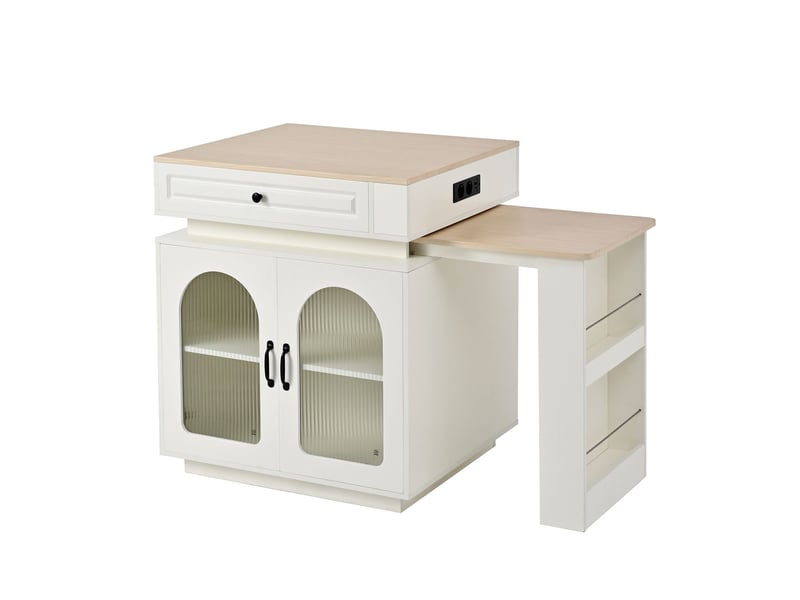  Îlot de cuisine buffet de cuisine à éclairage led roulettes mobiles table à manger extensible blocs multiprises intégrés fonction table haute usage polyvalent finition blanche  - Conforama E
