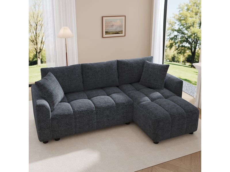 Canapé d’angle modulable 204 cm en l canapé 3 places avec 2 coussins décoratifs, revêtement en tissu chenille, pour salon et appartement, gris OPULERANE TRADING LTD - Conforama B