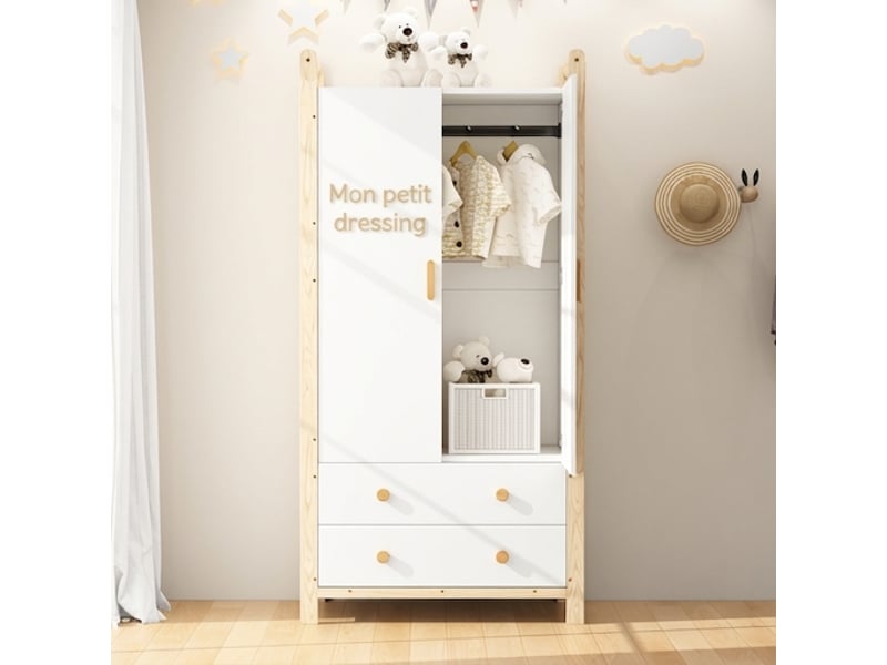  Armoire 2 portes avec penderie et 2 tiroirs, meuble de chambre blanc et bois naturel, 90x45x180 cm  - Conforama B