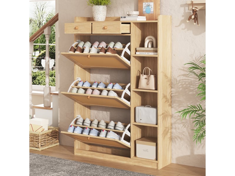 Meuble à chaussures étroit 90x24x130 cm avec 3 portes abattantes rotin et 2 tiroirs, couleur naturel  - Conforama B
