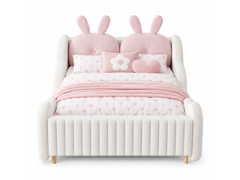  Lit enfant capitonné 140x200 cm blanc en tissu bouclé, tête de lit coussin lapin et barrières nuage, sans matelas  - Conforama A