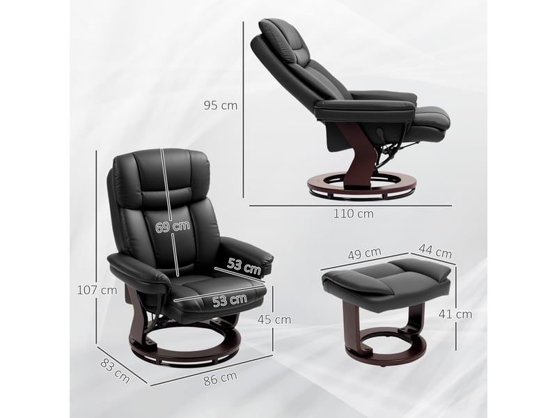  Fauteuil inclinable avec repose-pieds, fauteuil réglable, revêtement en similicuir, fauteuil rembourré avec dossier rabattable, noir  - Conforama E