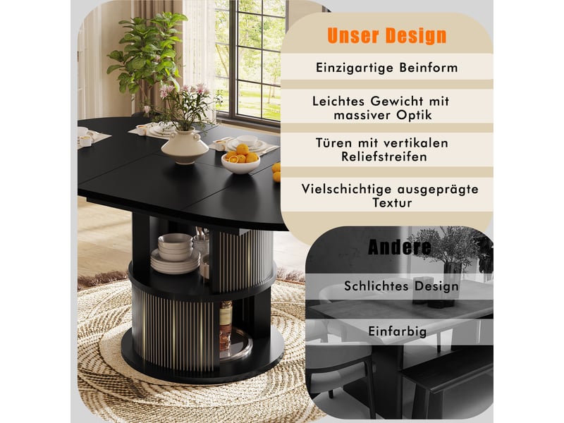  Table à manger ovale extensible 118-158x118 cm pour 4 à 6 personnes, pied central cylindrique avec 2 étagères de rangement, façade rainurée, noir  - Conforama E