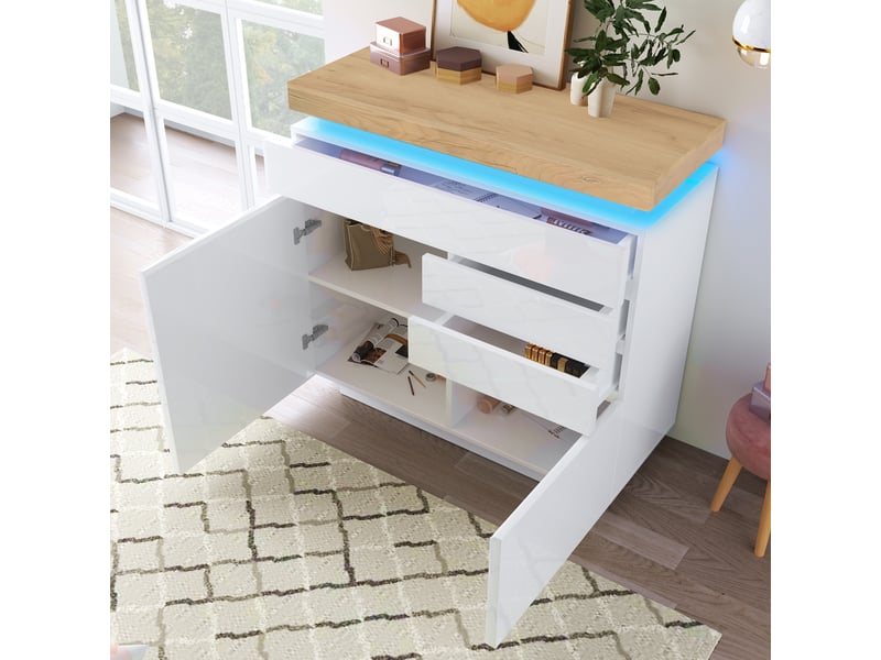  Buffet haut 110 cm blanc brillant, 2 portes et 3 tiroirs et led Fay Lum - Conforama D