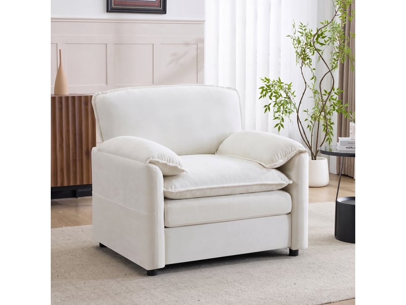  Fauteuil rétro avec poches de rangement latérales, assise profonde et confort moelleux, en chenille blanc  - Conforama B