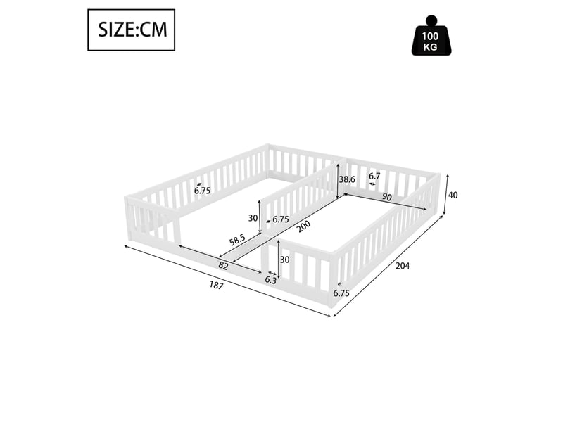 Lit enfant 2x90x200cm, sans sommier, lit bébé avec barrière de sécurité, lit simplex2, en bois+mdf blanc, sans matelas - Conforama C