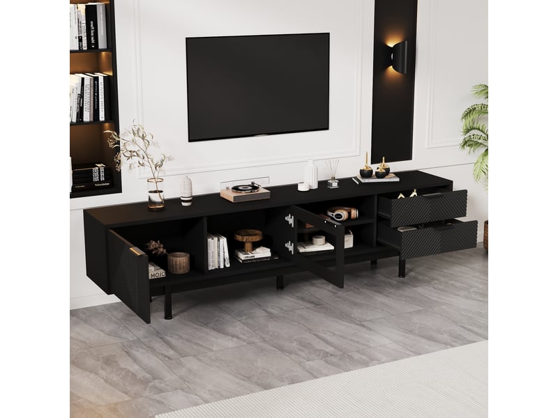  Meuble tv 200 cm noir pour téléviseur 80 pouces avec 2 portes et 2 tiroirs  - Conforama C