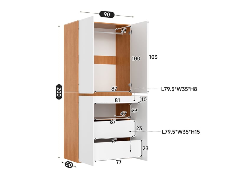  Armoire de chambre 90 x 50 x 200 cm, dressing de rangement avec penderie et tiroir à bijoux, 4 portes 3 tiroirs, mdf style moderne scandinave, blanc  - Conforama E