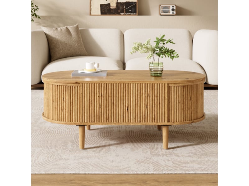 Table basse ovale chêne avec plateau relevable et rangement compartimenté, pieds en pin massif 100x48x54,5 cm - Conforama E