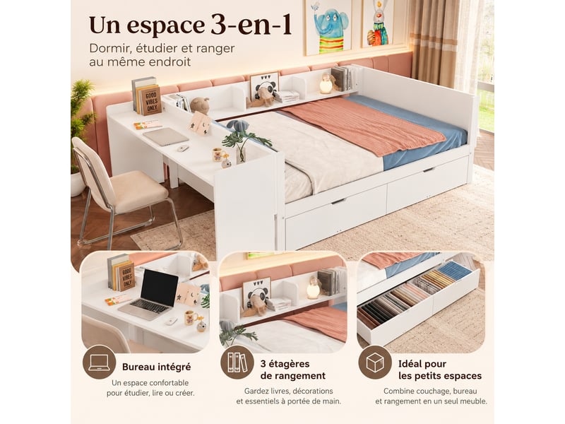 Lit combiné enfant 140 x 200 cm en bois avec bureau intégré, 2 tiroirs et 3 étagères de rangement, gain de place, blanc - Conforama B