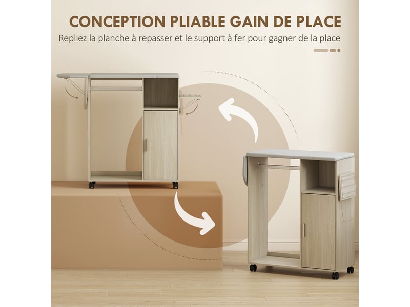  Armoire à repasser sur roulettes, table à repasser pliante, étagère réglable, barre de suspension, 127x42,5x99cm naturel  - Conforama E