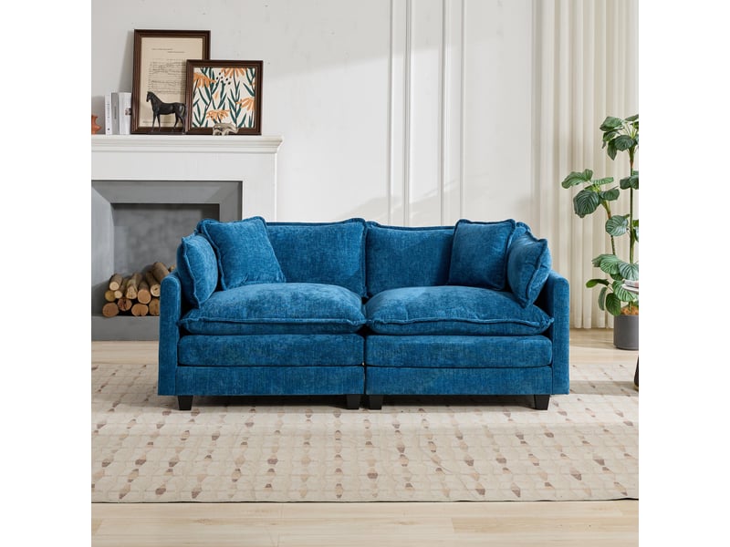 Canapé 2 places en tissu chenille bleu, assise rembourrée double couche et coussin de dossier pour salon ,pouf non inclus - Conforama D