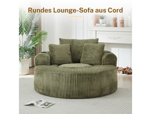Fauteuil lounge rond 1 place en velours côtelé vert avec 3 coussins, porte-gobelets et rangements latéraux