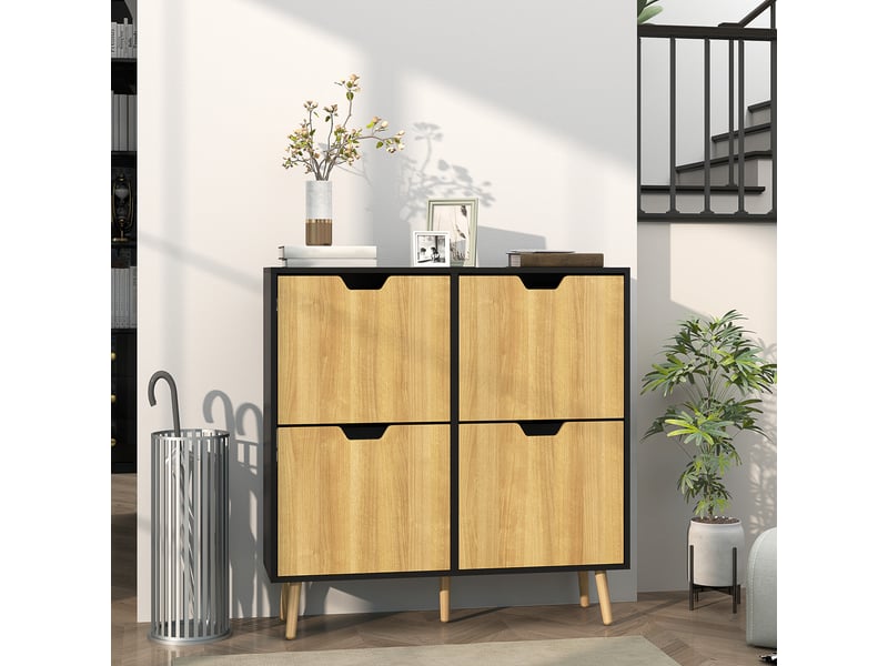 Meuble à chaussures étroit avec 4 tiroirs abattants et étagères réglables pour 16 paires, 95 x 26 x 95 cm, naturel et noir - Conforama C