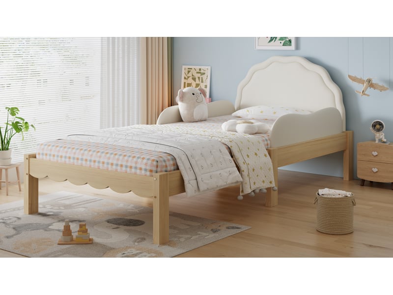  Lit simple enfant 90 x 200 cm avec barrières latérales et tête de lit rembourrée, sommier à lattes inclus, structure en bois, bois, beige Morn Vibe - Conforama B