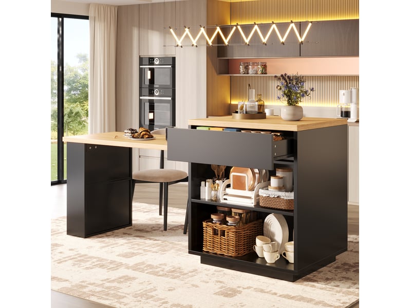  Îlot de cuisine extensible en table à manger 122 à 194,5 cm, led et usb, noir  - Conforama D