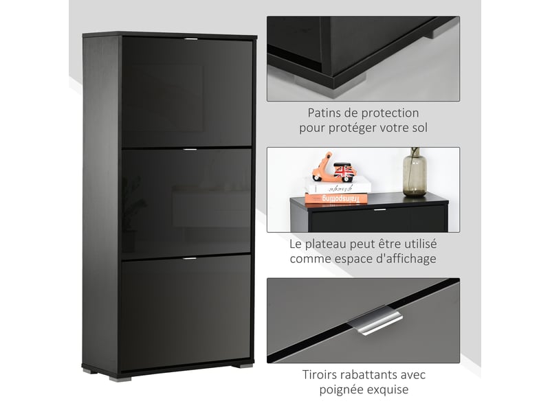  Meuble à chaussures armoire à chaussures 3 portes abattantes 3 compartiments en bois 60l x 26i x 124h cm noir  - Conforama E