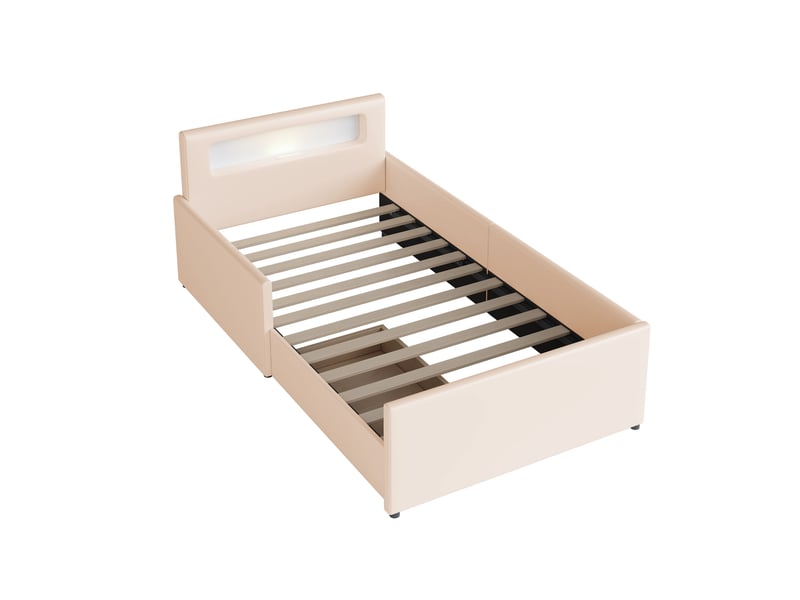 Lit enfant 90x200cm,lit avec rangement en simili cuir avec 1 tiroir,lumière led et port usb,beige lit enfant beige - Conforama D