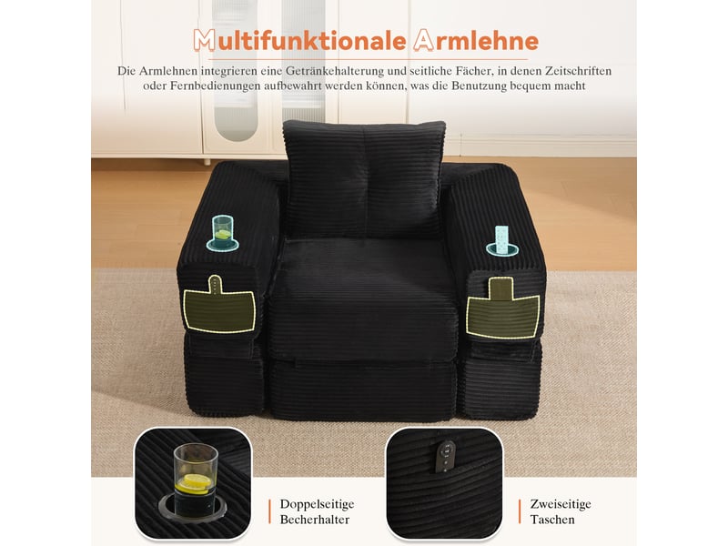  Canapé convertible 2 places en velours côtelé noir avec porte-gobelet et poches latérales  - Conforama E