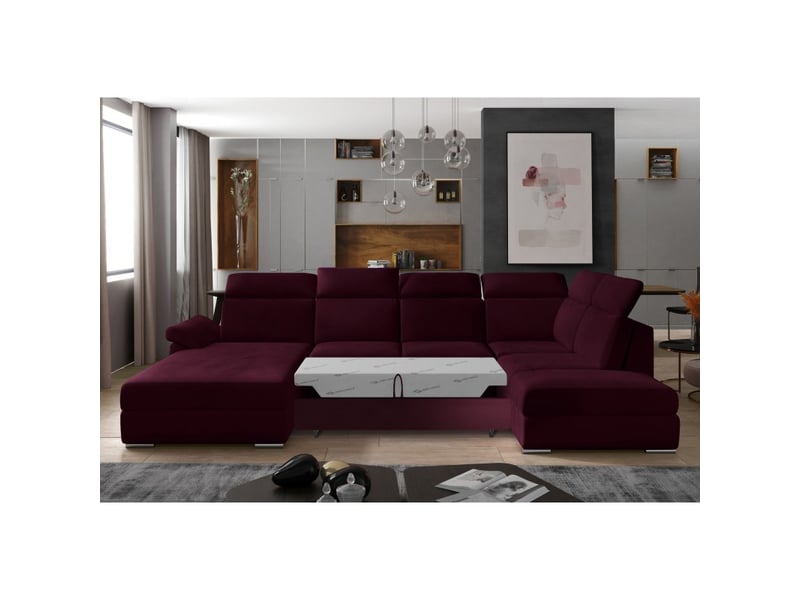  Canapé panoramique convertible majesta 5 places rose foncé – angle droit avec coffre  - Conforama D