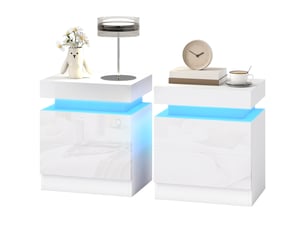 Ensemble de 2 tables de chevet led avec 16 couleurs et 4 modes d'éclairage, 2 tiroirs, en bois, 45 x 35 x 52 cm, blanc brillant