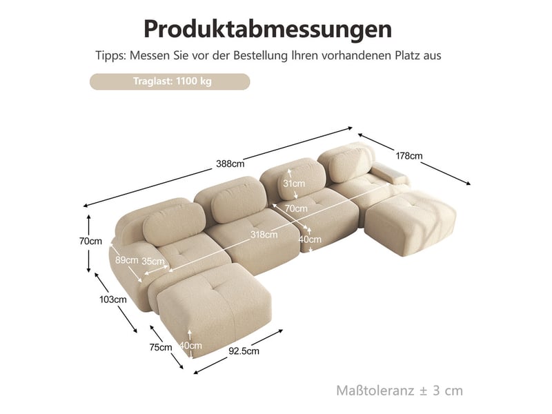 Canapé d'angle modulaire,4 places,avec accoudoirs extra-larges, 388x 178x 70 cm,beige - Conforama C