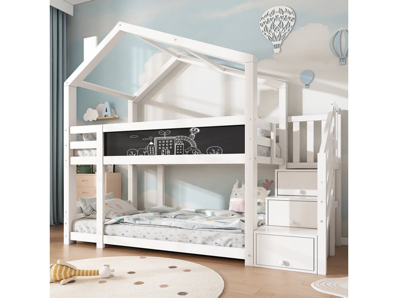  Lit superposé cabane 90 x 200 cm, structure cabane, couchages superposés, escalier, tableau intégré, bois massif et panneaux de particules, blanc ABC - Conforama E