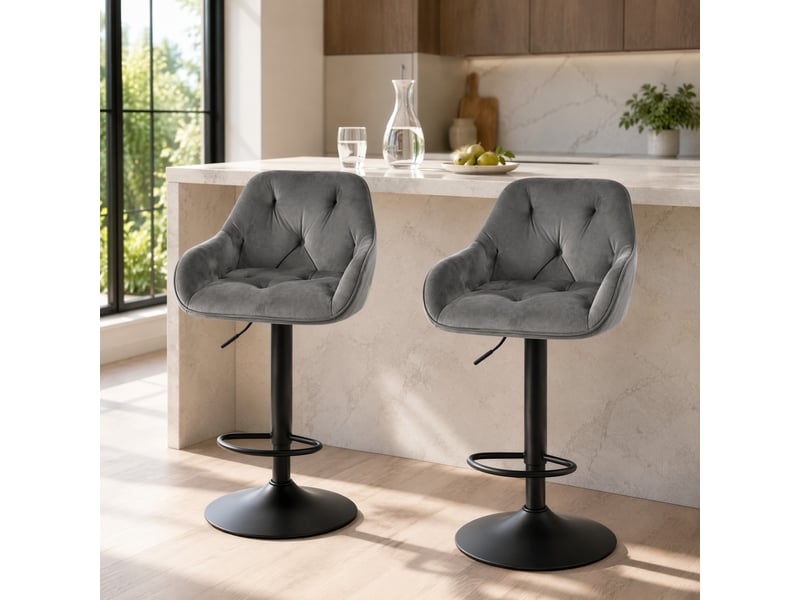  Lot de 2 tabourets de bar pivotants 360° réglables en hauteur  - dossier, accoudoirs, velours gris foncé  - Conforama C
