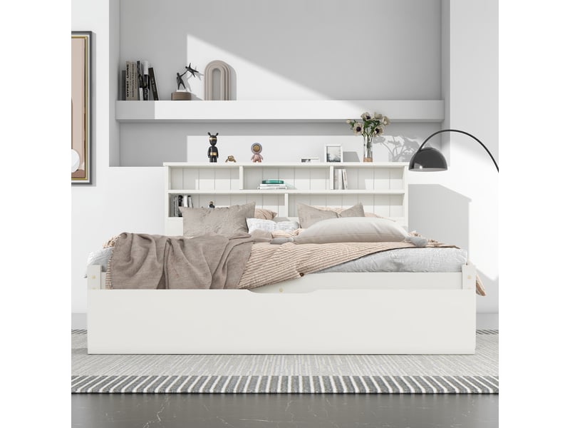  Lit 140x200 cm bois massif blanc – rangements tiroirs, tête de lit bibliothèque et sommier inclus  - Conforama D